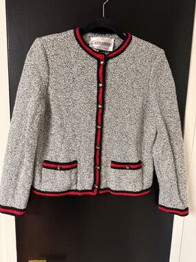 vintage Castleberry textured knit cardigan black-and-white boucle finish